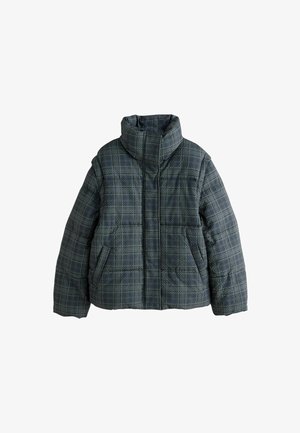 Dark green and gray plaid padded jacket with high collar, front zipper, and side pockets, designed for cold weather.
