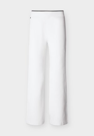 Pantalon blanc à jambes larges avec une coupe droite et une ceinture élastique noire, présenté sur un fond neutre.