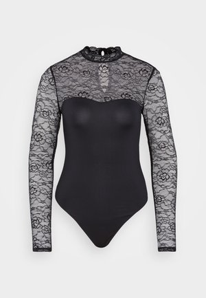 Juodas bodysuit'as su ilgais nėrinių rankovėmis, aukštu kaklu, rakto skylutės detalėmis kaklo srityje ir prigludusiu, lygiu audiniu. Nėriniai puošti gėlių raštais.