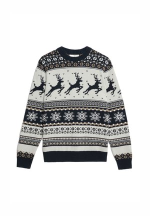 Pull de Noël bleu marine et blanc avec des rennes, des flocons de neige et des motifs géométriques sur la poitrine, les manches et l'ourlet.
