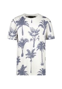 Witte T-shirt met korte mouwen en een blauw palmbomenprint, met een ronde hals en gemaakt van zachte katoen. Subtiele textuurafwerking.