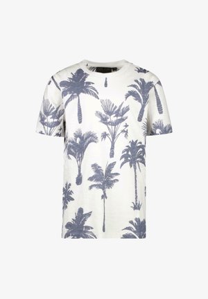 Witte T-shirt met korte mouwen en een blauw palmbomenprint, met een ronde hals en gemaakt van zachte katoen. Subtiele textuurafwerking.
