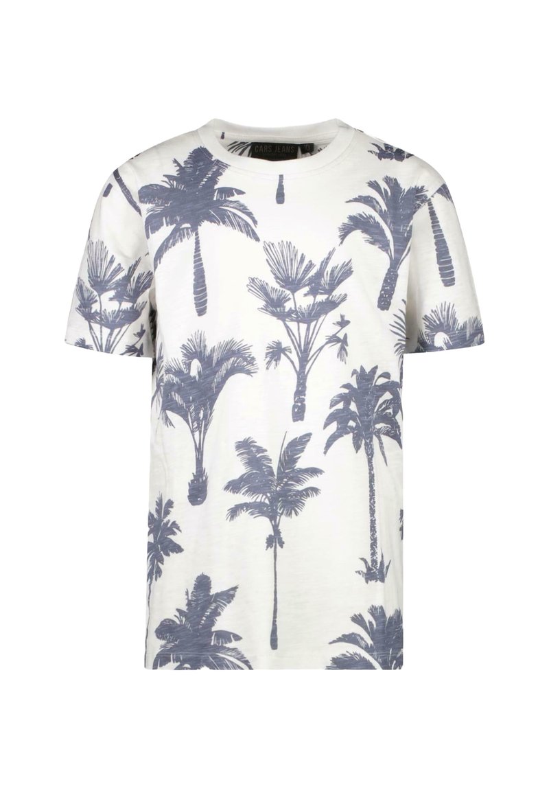 Witte T-shirt met korte mouwen en een blauw palmbomenprint, met een ronde hals en gemaakt van zachte katoen. Subtiele textuurafwerking.