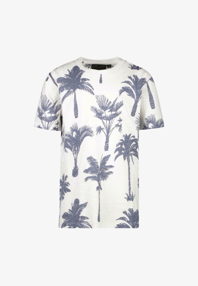 Witte T-shirt met korte mouwen en een blauw palmbomenprint, met een ronde hals en gemaakt van zachte katoen. Subtiele textuurafwerking.