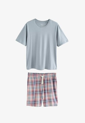 Helesinine lühikeste varrukatega T-särk ümar kaelus, millega on kombineeritud roosa, sinise ja valge ruuduline nööriga lühikesed püksid valgel taustal.