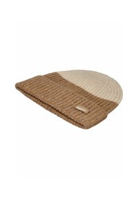 Knit beanie featuring beige and light brown colors, ribbed texture, and a folded cuff. Includes a small logo tag on the side.