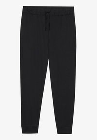 Black jogger pants made of soft fabric, featuring an elastic waistband with drawstring, tapered legs, and fitted cuffs at the ankles.