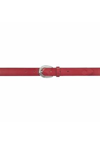 Rode leren riem met een glanzende zilveren D-ring gesp, voorzien van verschillende gaatjes voor aanpassingen en een gladde, vlakke textuur.