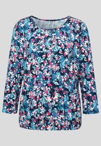 Floral Oberteil mit langen Ärmeln in Marineblau, verziert mit pastellfarbenen Mustern in Pink, Blau und Weiß. Rundhalsausschnitt und lockere Passform, weich im Griff.