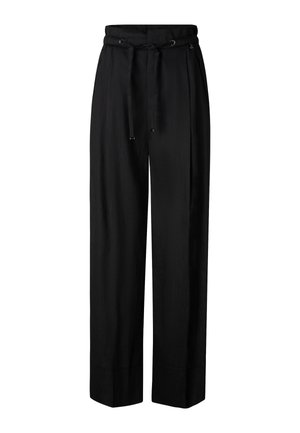 Sorte, højtaljede bukser med vide ben, et stofbælte og metaløjer i linningen, lavet af et glat vævet materiale.