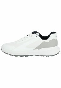 Zapatilla deportiva blanca con parte superior de malla texturizada y cuero, acentos grises en los lados y una suela de goma flexible con surcos de tracción.
