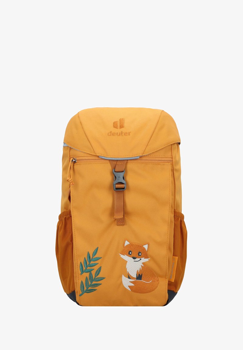 Πορτοκαλί σακίδιο με φερμουάρ στην κορυφή, με εικονογράφηση μιας αλεπούς, πλαινές διχτυωτές τσέπες και λογότυπο ανάγλυφο στην μπροστινή πλάκα. Ανθεκτική υφή υφάσματος.