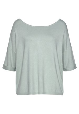 Light green oversized knit top with a wide neckline, rolled short sleeves, and a textured finish. The design is relaxed-fit and seamless.