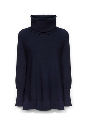 Marineblauer Rollkragenpullover aus weichem Material, mit langen Ärmeln und einem entspannten Schnitt, der einen abgerundeten Saum und einen gerippten Kragen aufweist.