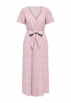 Abito midi rosa chiaro con righe verticali rosse, maniche corte, scollo a V, bottoni frontali e cintura annodata in vita.