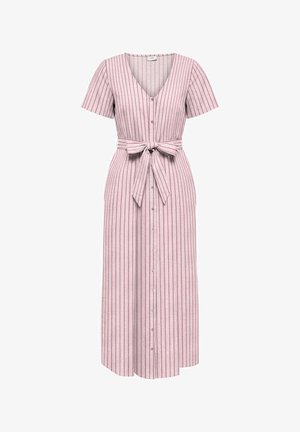 Vaaleanpunainen midimekko, jossa pystysuuntaiset punaiset raidat, lyhyet hihat, V-aukko, edessä napit ja solmittava vyö vyötäröllä.