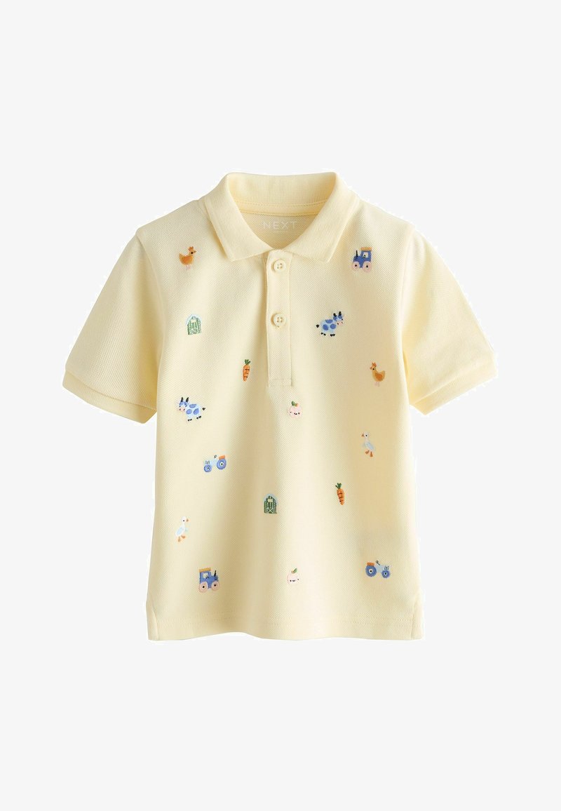 Geltona polo marškinėliai iš tekstūruotos medžiagos, su spalvinga gyvūnų, morkų ir traktoriaus siuvinėjimu, dviejų mygtukų plokštele.