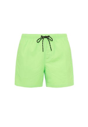 Pantaloni da bagno verde lime realizzati in tessuto leggero, dotati di una vita elasticizzata con cordino nero e tasche laterali con fessura.