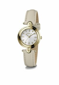 Orologio dorato con cassa rotonda, cinturino in pelle beige e un quadrante bianco con texture e motivo. Comprende indici e lancette dorati.
