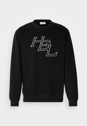 Sweatshirt noir à col rond, avec un texte brodé blanc "HEL" à l'avant. Fabriqué en matière douce avec des poignets et un ourlet côtelés.