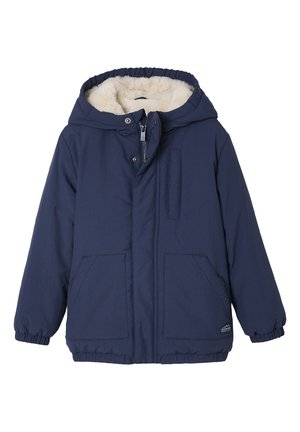 Navy blue hooded winter jacket with white fleece lining, front zipper, snap buttons, two lower pockets, and elastic cuffs.