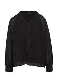 Schwarz Bluse mit langen Ärmeln, plissierter Textur, Krawatten-Frontdetail und einem durchsichtigen, leichten Stoff. Runde Halslinie und Knopfmanschetten.