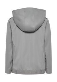 Graue Kapuzenjacke mit glatter Textur, seitlichen Taschen, einem Logo entlang des Saums und einer taillierten Passform mit einer weichen Kapuze.