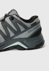 Pantofii de drumeție gri prezintă un superior din plasă respirabilă, laterale întărite, accente negre și o talpă texturată cu marca „Salomon”.