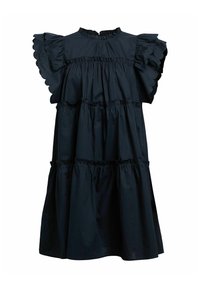 Schwarzes Baumwollkleid mit kurzen, gerüschten Ärmeln und einem gestuften Design. Es hat einen gewellten Ausschnitt und eine geraffte Taille für eine fließende Silhouette.