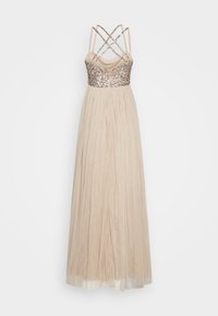 Robe maxi beige avec un corsage en sequins, des bretelles croisées, une jupe plissée fluide et une texture douce en tulle.