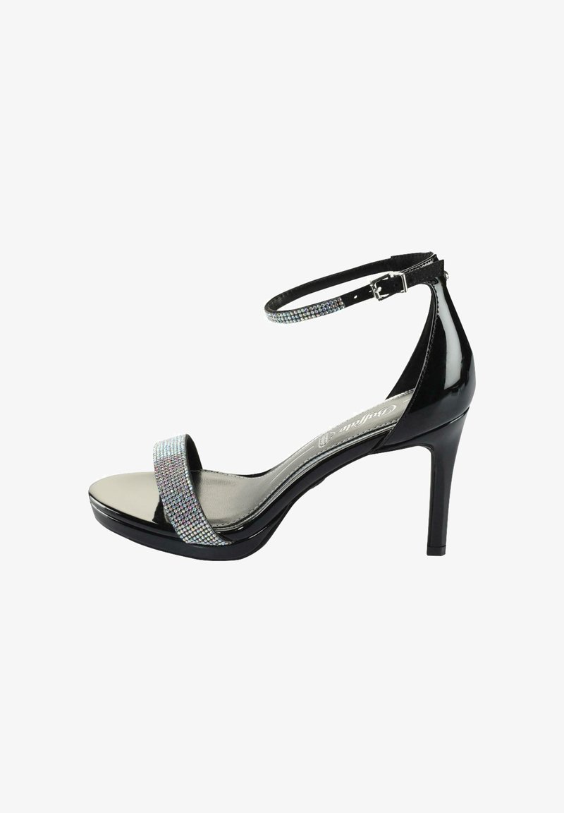 Sandale cu toc înalt din piele patent neagră, cu un detaliu metalic superior și o curea accentuată cu strasuri, având o curea pentru gleznă cu cataramă.
