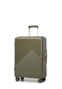 Valigia dura verde con texture a coste diagonali, manico telescopico argento e quattro ruote per la mobilità. Accentata con dettagli in oro rosa.