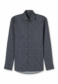 Dunkelblaues Langarmhemd mit Blumenmuster, Knöpfen am Kragen und schwarzen Knöpfen. Weicher Stoff mit glatter Textur und abgerundetem Saum.