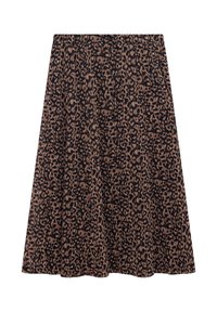 Jupe midi à imprimé léopard avec une palette de couleurs noir et beige, une taille élastique, et un design fluide avec un tissu texturé.