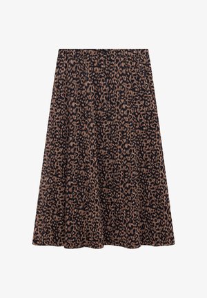 Jupe midi à imprimé léopard avec une palette de couleurs noir et beige, une taille élastique, et un design fluide avec un tissu texturé.