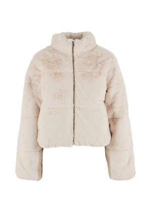 Gefütterte kurz geschnittene Jacke aus weichem Beige mit hohem Kragen, vollem Reißverschluss und weitem Ärmeln mit elastischen Bündchen.