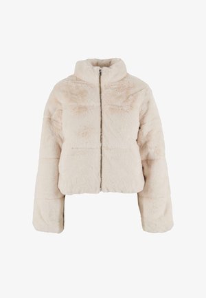 Faux fur cropped jacket in soft beige, featuring a high collar, full front zipper, and loose sleeves with elasticated cuffs.