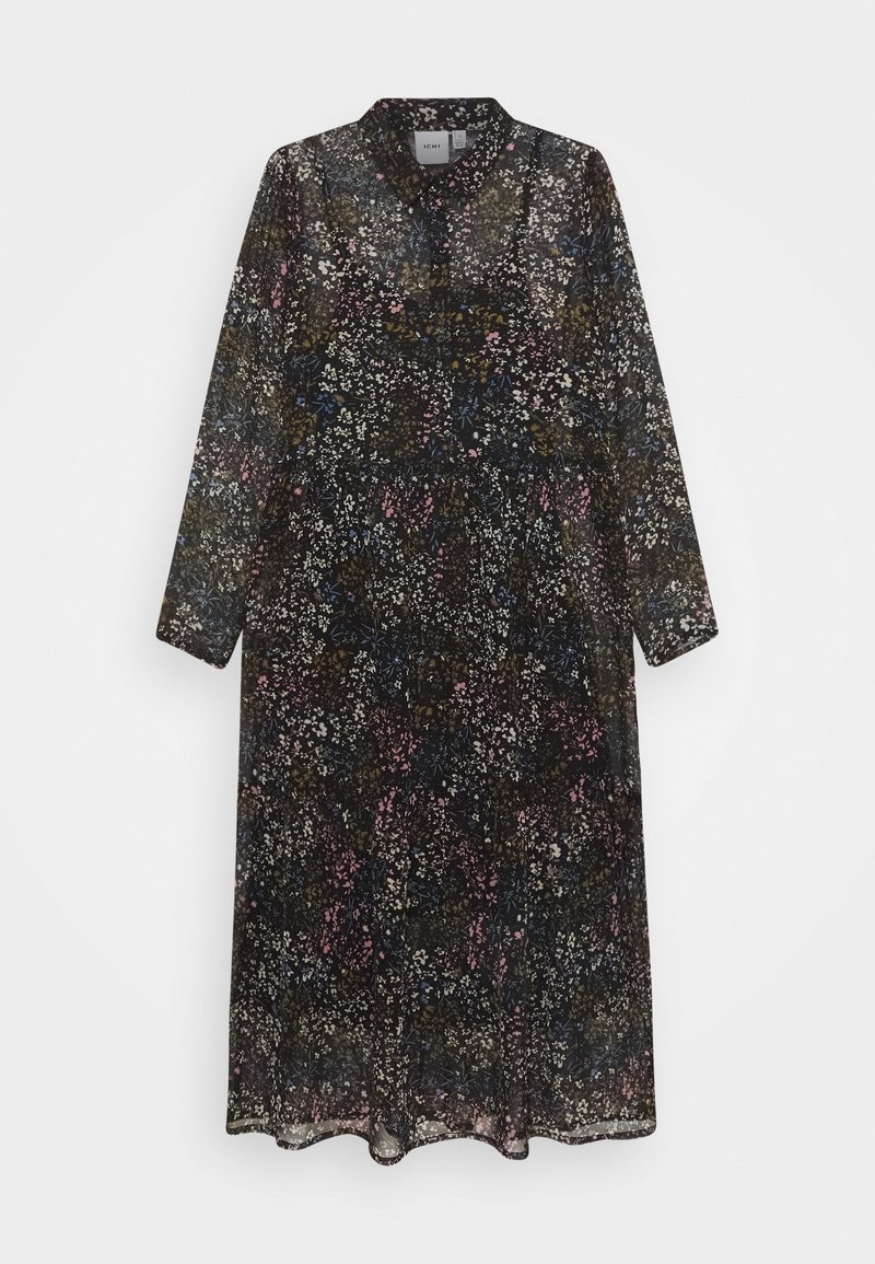 Robe midi à manches longues avec fond noir et petit motif floral en blanc, rose, bleu et vert, dotée d'un col et d'une patte de boutonnage à l'avant.