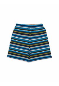 Pantaloni corti a righe in diversi colori, tra cui blu, verde e marrone, con una cintura elastica e una texture in morbido cotone.