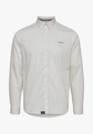 White long-sleeve shirt with a button-down collar, featuring a small embroidered logo and subtle striped detailing at the neck. Smooth texture.