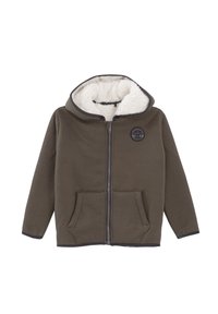 Olivgrüne Zip-Hoodie mit einem flauschigen weißen Innenfutter, zwei Fronttaschen und einem runden Logopatch auf der linken Brust.