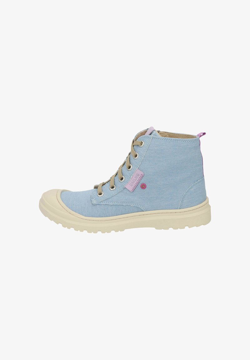 Light blue high-top shoes made of denim, featuring beige rubber soles, round toe, and light purple accents on the heel and tag.