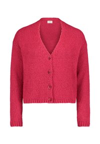 Stickad kofta i klarröd med V-ringning, långa ärmar och fem knäppningar, med en texturerad, mysig tyg.