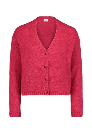 Neulecardigan kirkkaan vaaleanpunaisena, V-kauluksella, pitkillä hihoilla ja viidellä napilla, jossa on teksturoitu, viihtyisä kangas.