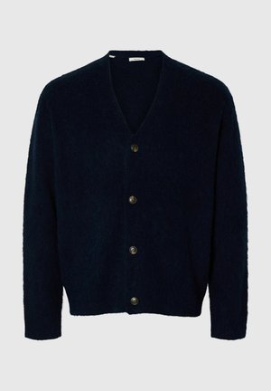 Navyblaues Cardigan aus weichem, strukturiertem Material, mit V-Ausschnitt, langen Ärmeln und fünf Knöpfen vorne.