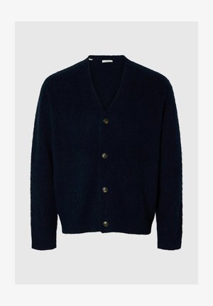 Marineblauwe cardigan van zacht, gestructureerd materiaal, met een V-hals, lange mouwen en vijf knopen aan de voorkant.