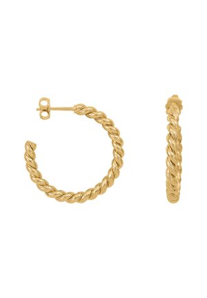 Boucles d'oreilles créoles torsadées en or avec tige et fermoir papillon, présentées de face et de côté sur fond blanc.