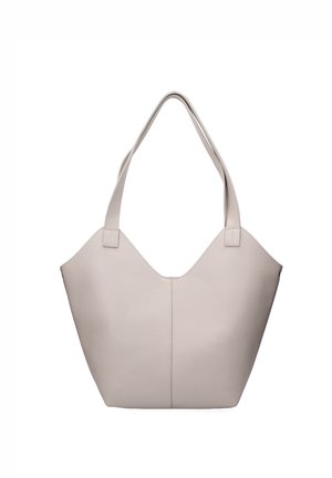 Beige Leder-Shopper mit breitem Boden, feiner Struktur und zwei mittelgroßen Schulterriemen auf weißem Hintergrund.