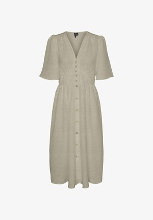 Beige midi-kjole lavet af blødt stof, med V-hals, korte puffærmer, en samlet talje og knapdetaljer foran.