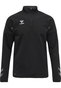 Pullover nero a maniche lunghe con zip a un quarto, realizzato in tessuto texturizzato, accentuato da un logo bianco e due strisce grigie sulle maniche.